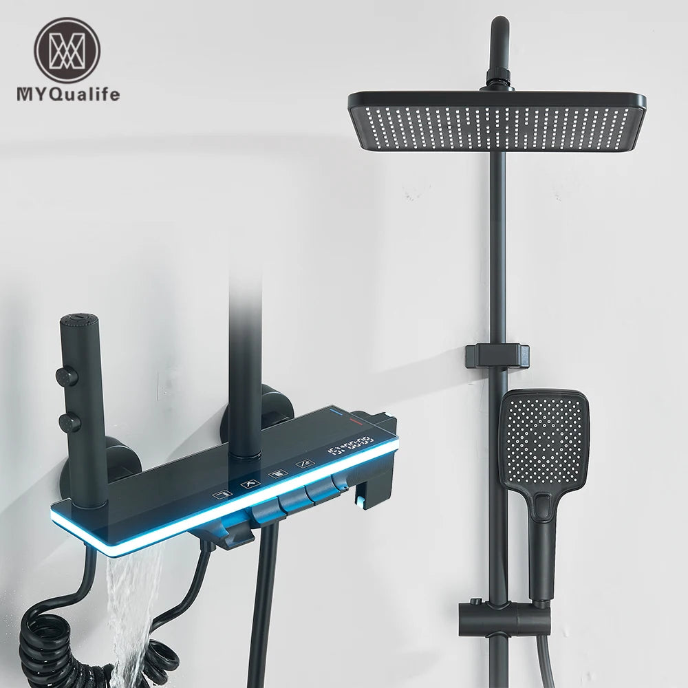 LCD Display Screen Shower Faucet Bathroom Hot Cold Control Background Lights Shower Set Piano Shower System Wall Mounted