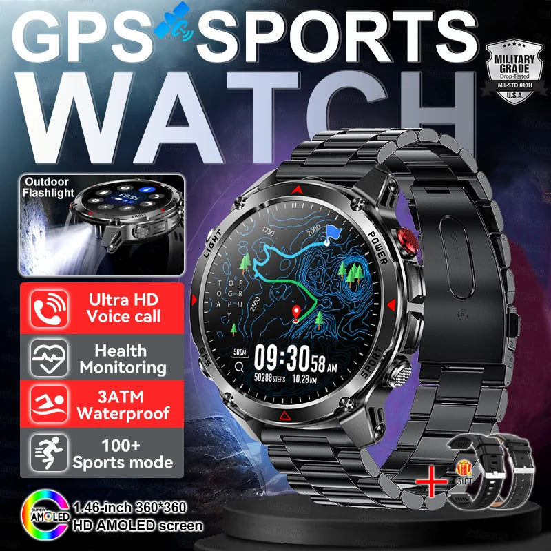 2025 New Military T-Rex 3 GPS Sports SmartWatch Compass Altimeter IP69K Waterproof Battery Call heart rate Fitness Bracelet Men