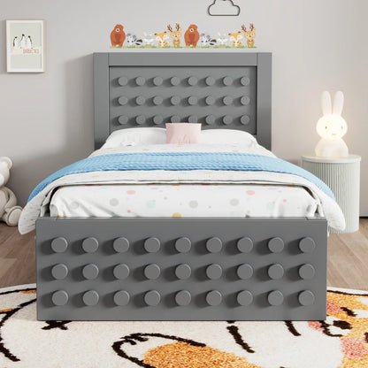 Jugendbett mit kreativem Blockdesign, Gestell aus Massivholz mit Gitterrost, mit Stauraum unter dem Bett, ohne Matratze