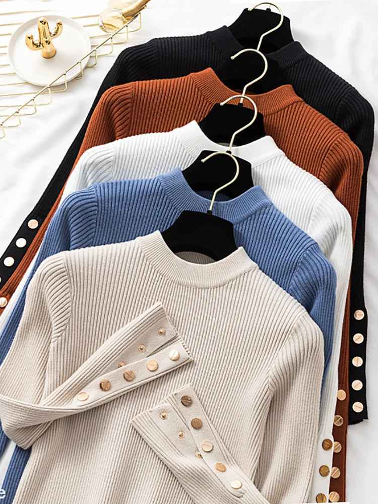 2025 Female Slim Knitted Soft Jumper Tops Autumn Winter Women Casual Sweater Pullovers Button Long Sleeve O-neck Chic Sweater.