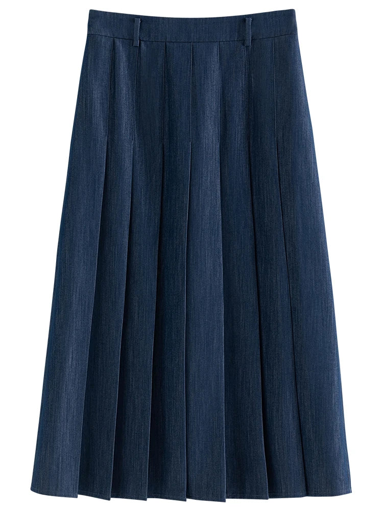 FSLE 2025 New Arrival Women Zipper Waist Office Lady Elegant Grey Skirt Pleated Design Navy Blue Color Long Skirt Daily Outfits