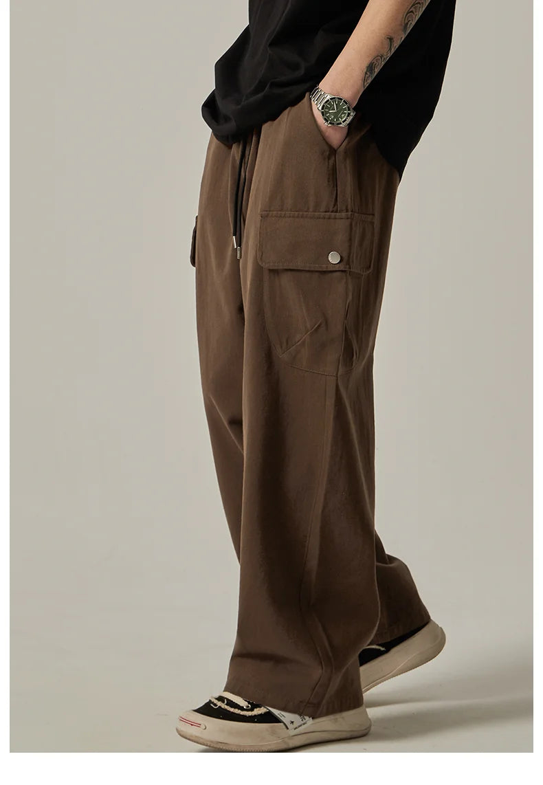 Men's Sweatpants 2025 Spring Autumn Vintage Japanese Wide Leg Straight Loose Button Big Pockets Cargo Pants Drawstring Trousers.