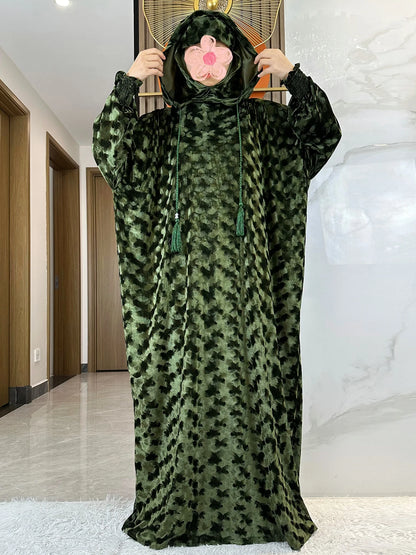 High Quality Velvet Fabric 2025 Ramadan Muslim Lady's Abaya Two-Hats Dubai Turkey Style Islamic Prayer Clothing Kaftan Dress.