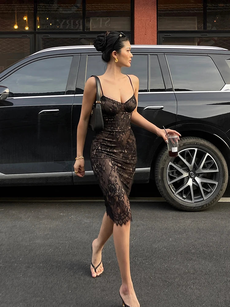 Sexy Spitzen riemen Kleid elegant für Frauen Sommer neue hohe Taille schlank gewickelt Hüfte mittellanges Kleid Mode Spitze süß 626x.