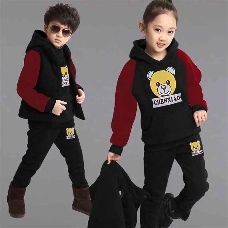 2024 Boys Padded Warm Set Children's Hooded Cartoon Solid Colour 3 Pcs Autumn Winter New Girls Sweatshirt Cute Casual Suit 4-12Y