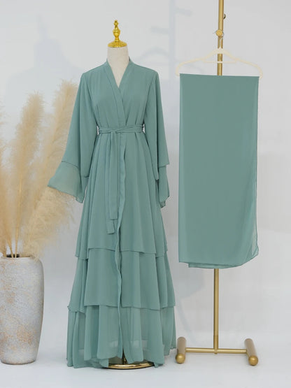 Eid Muslim Abaya for Women Chiffon 3 Layers Cake Party Cardigan Robe Jalabiya Dresses Ramadan Morocco Abayas Kaftan Vestidos