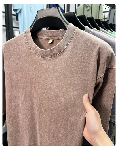 Personality washed vintage short sleeve T-shirt high-end 100% pure cotton men fashion round neck comfort lightweight casual top