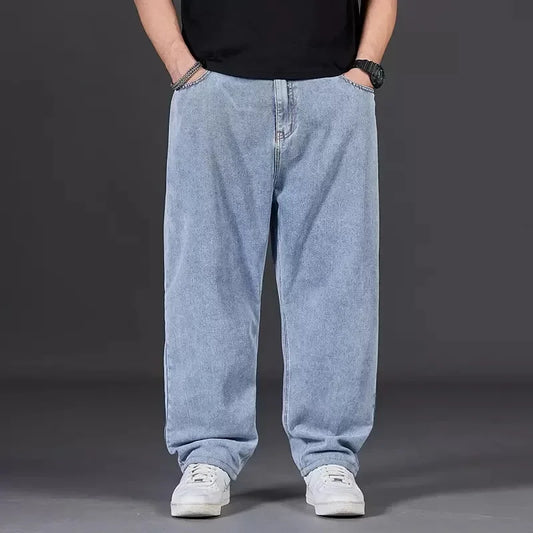 Plus Size Jeans Men's Autumn Loose-Fit Straight-Leg Casual Denim Pants Elastic Waist Wide-Leg Design For Plus Size Men.