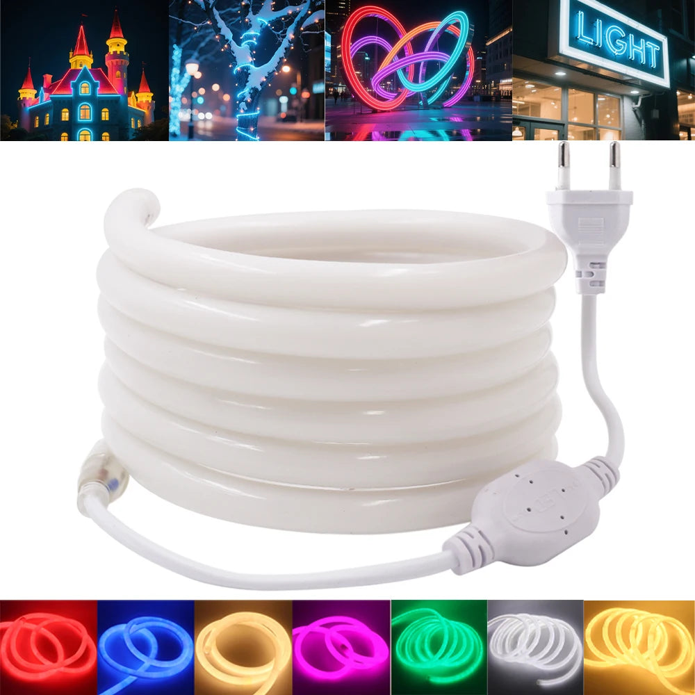 220V Neon LED Strip Light 360 Degree Round Tube Red/Green/Blue/Warm White Flexible Rope 120Leds/m Waterproof EU Plug Home Decor.