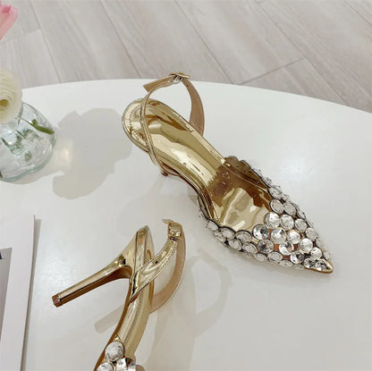 Liyke Elegant Pointed Toe Slingback Stiletto Sandals Crystal Diamonds Women Pumps High Heels Wedding Prom Shoes Zapatos Mujer.