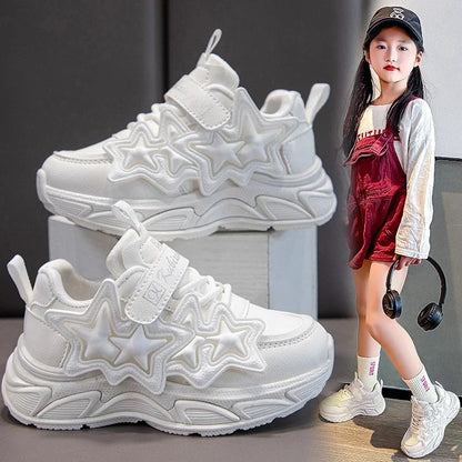 Children Casual Shoes for Girls Fashion Classic with Stars Girls Sports Running Sneakers Breathable PU + Rubber Anti-skid Soft.