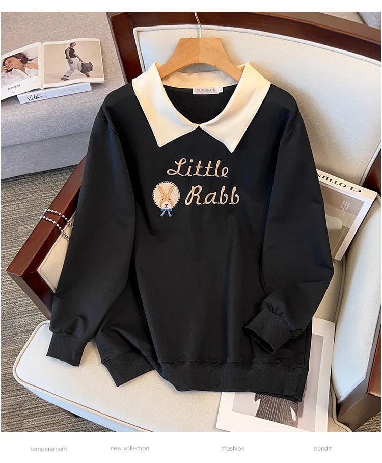 175kg plus size Damen büste Herbst lose Revers Sweatshirt Langarm lässig Top schwarz Aprikose 6xl 7xl 8xl 9xl 10xl 11xl