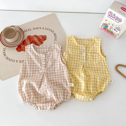 2024 sommer Neue in Kinder Baby Mädchen Jungen Nette Kleidung Säuglings Kleinkind Plaid Ärmellose Baumwolle Overalls Neugeborenen Bodys 0-24M.