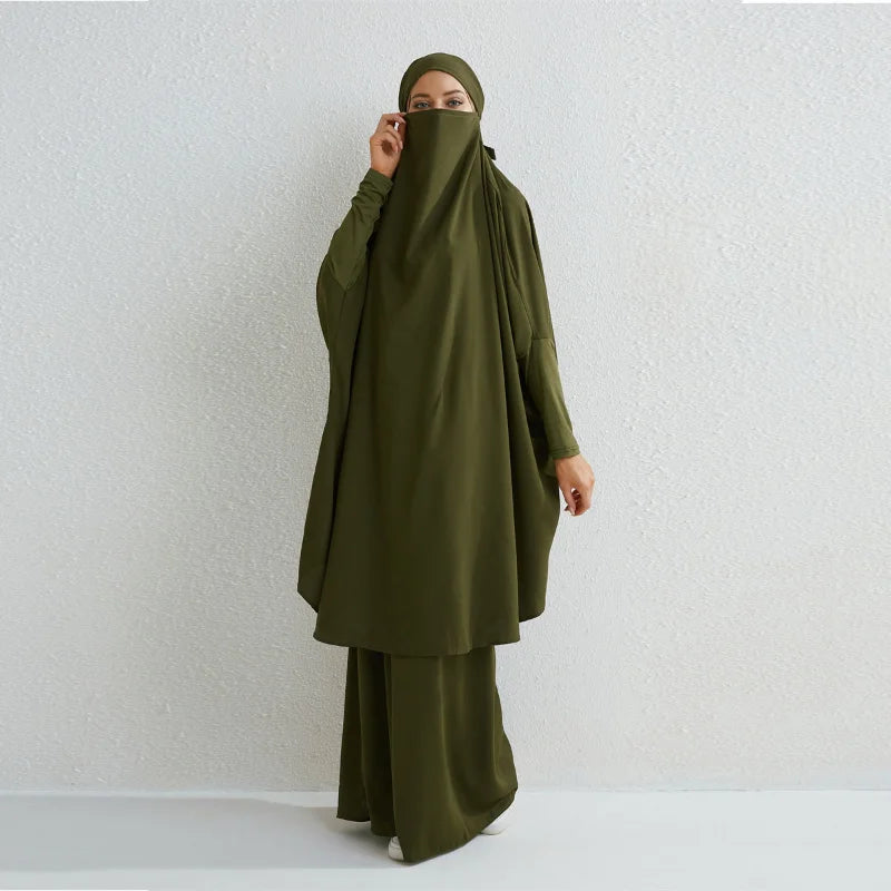 Muslim Sets Two Pieces Prayer Clothing Long Hooded Smocking Sleeve Shirts Hijab Loose Maxi Skirts Elastic Waist Women Abaya Sets.