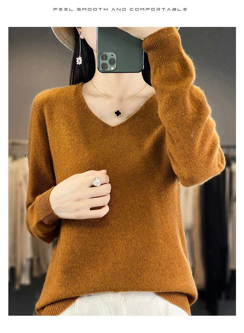 Women 100% Merino Wool Sweater V-Neck Basic Pullover Autumn Winter Cashmere Clothing Long Sleeve Soft Knitwear Tops Solid Color