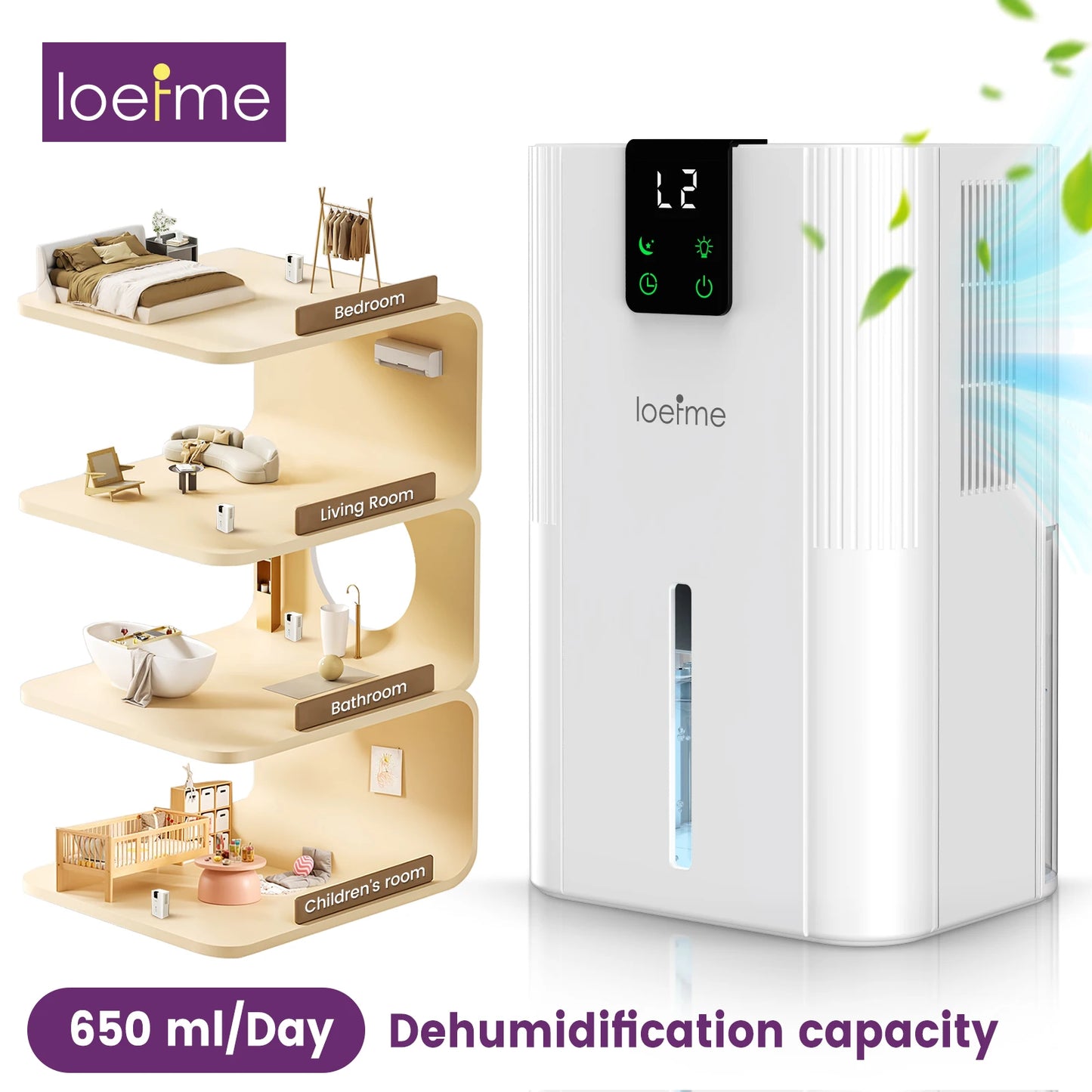 LOEFME 2800mL Air Dehumidifier 650ml/Day Silent Dryer Moisture Eliminator with Touch Display For Home Basement Bathroom Wardrobe.