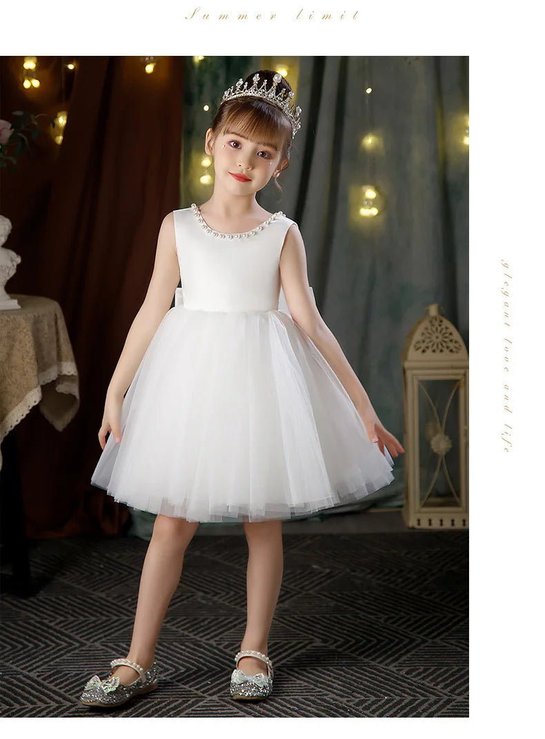 Weiße Blumenmädchenkleider für die Hochzeit, elegantes Kinder-Taufkleid und Kopfbedeckung, kurzärmelig, für Kinder, Kommunion, Geburtstagsfeier.