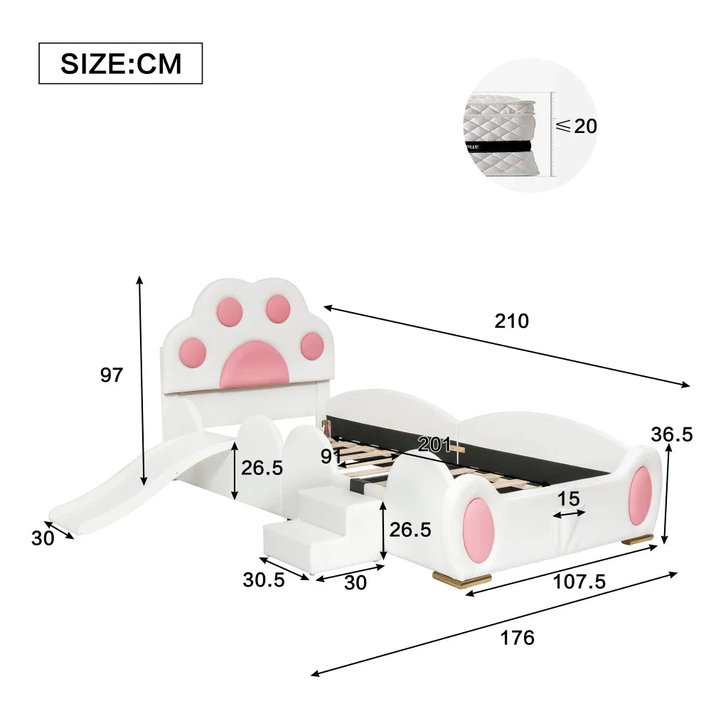 Cartoon süßes rosa Prinzessinnenbett, gepolstertes Bett, 90 x 200 cm, mit Kinderrutsche und zweistufiger Leiter, für Mädchenschlafzimmer