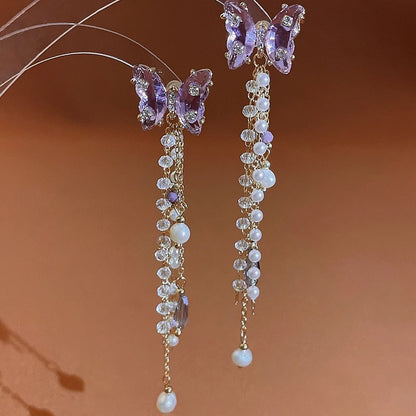 Pink Butterfly Earrings With Long Tassel Sparkly Zircon Crystal Imitation Pearl Beads Earrings Light Luxury Party Ear Jewelry