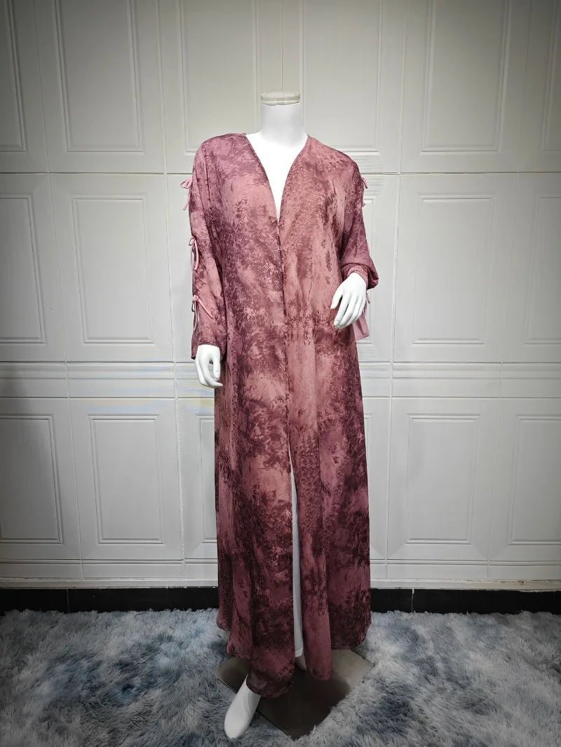 2025 sommer Arabisch Frauen Muslimische Kleidung Ramadan Dubai Offene Abaya Kleid mit Hijab Islam Gedruckt Chiffon 2 Stück Outfit