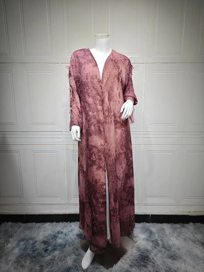 2025 sommer Arabisch Frauen Muslimische Kleidung Ramadan Dubai Offene Abaya Kleid mit Hijab Islam Gedruckt Chiffon 2 Stück Outfit