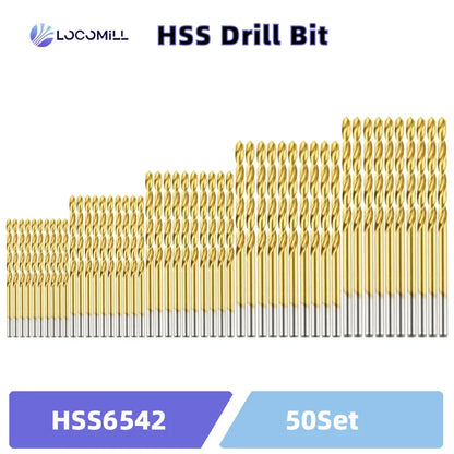 LOCO 50 Stück Titanbeschichtete Bohrer HSS Schnellarbeitsstahl-Set Werkzeug Hochwertige Elektrowerkzeuge 1/1,5/2/2,5/3 mm