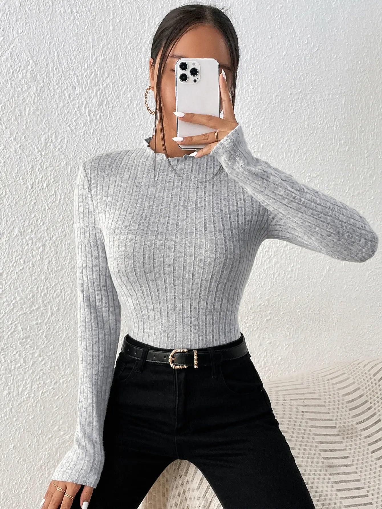 Fashion Slim Ruffle Neck Knit Long Sleeve Top, Lace Mid-Collar Women's Striped Bottom Shirt, Autumn and Winter Casual Sweater.