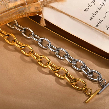 Chunky Bold Toggle Bracelets for Women, Stainless Steel OT Buckle Link Chain Bracelet Gold Plated Tarnish Free.