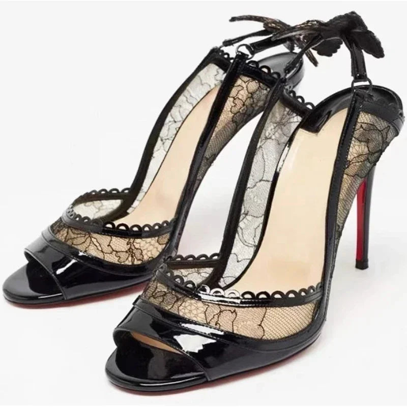 2025 Women's New in Black Lace Butterfly Sexy Pumps Stilettos Peep Toe High Heels Leather Luxury Designer Party Chic Shoes.