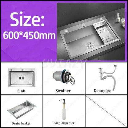 Handgefertigtes silbernes Küchenspülbecken aus Edelstahl 304, herunterziehend, Einzelschüssel-Waschbecken mit Abflussset