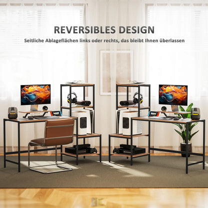 Schreibtisch Computertisch mit Monitorständer, CPU-Ständer, Bürotisch mit Druckerablage, PC-Tisch mit 4 Ablagen, 150 x 48 x 125 cm, Braun