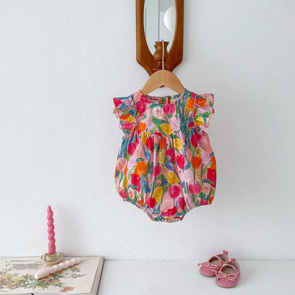 MILANCEL 2025, Sommerkleidung für Babys, Mädchen, Rüschenärmel, Kleinkind-Mädchen-Bodys, Tulpenmuster, Einteiler für Kleinkinder.