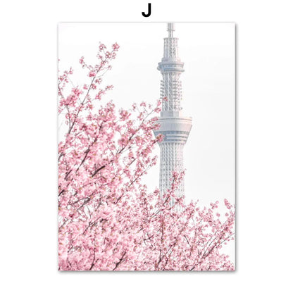 Pink Cherry Blossom Tulip Bicycle Flower Nordic Posters Ferris Wheel Wall Art Print Canvas Painting Living Room Home Decoration.