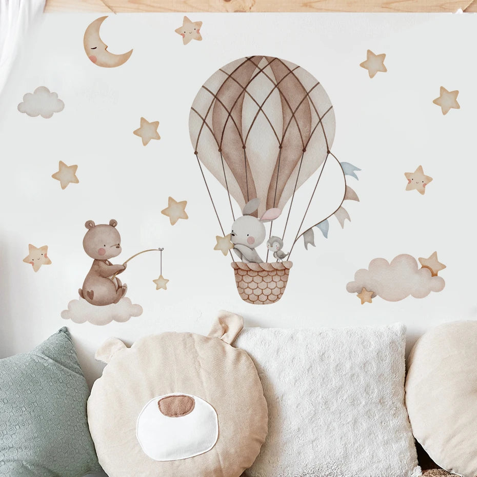 Cartoon Hot Air Balloon Animals Bear Rabbits Wall Stickers for Child Room Boy Room Decoration Nursery Baby Room Decoration Decal.
