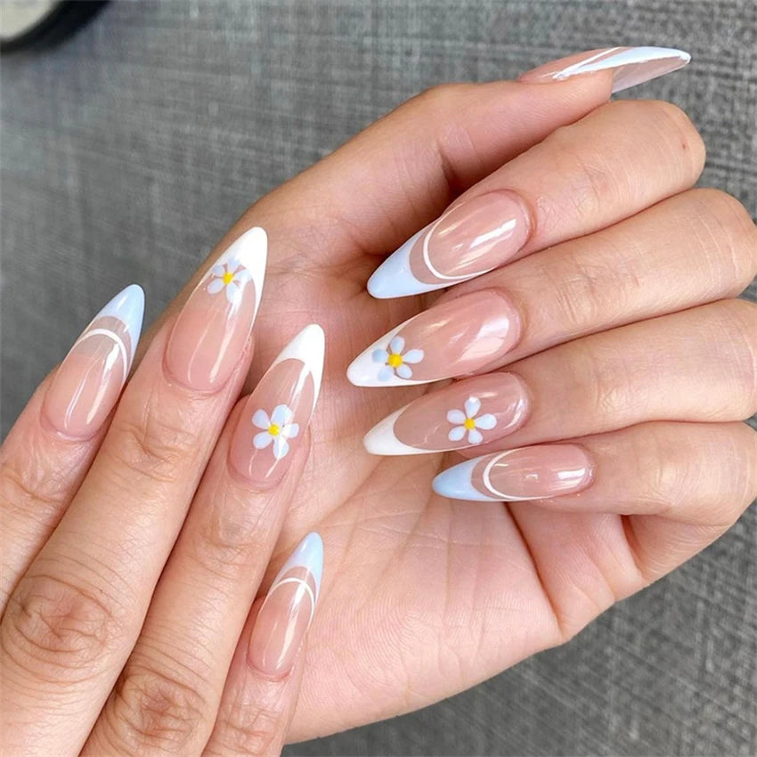 24Ps/Set White Ripple Glitter Chip Design Wearing False Nail French Full Cover Acrylic Press on Nail Almond Shape Fake Nail Tips.