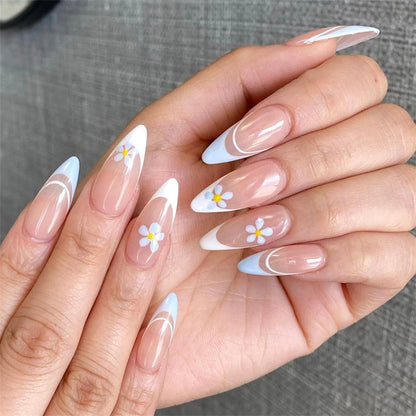 24Ps/Set White Ripple Glitter Chip Design Wearing False Nail French Full Cover Acrylic Press on Nail Almond Shape Fake Nail Tips.