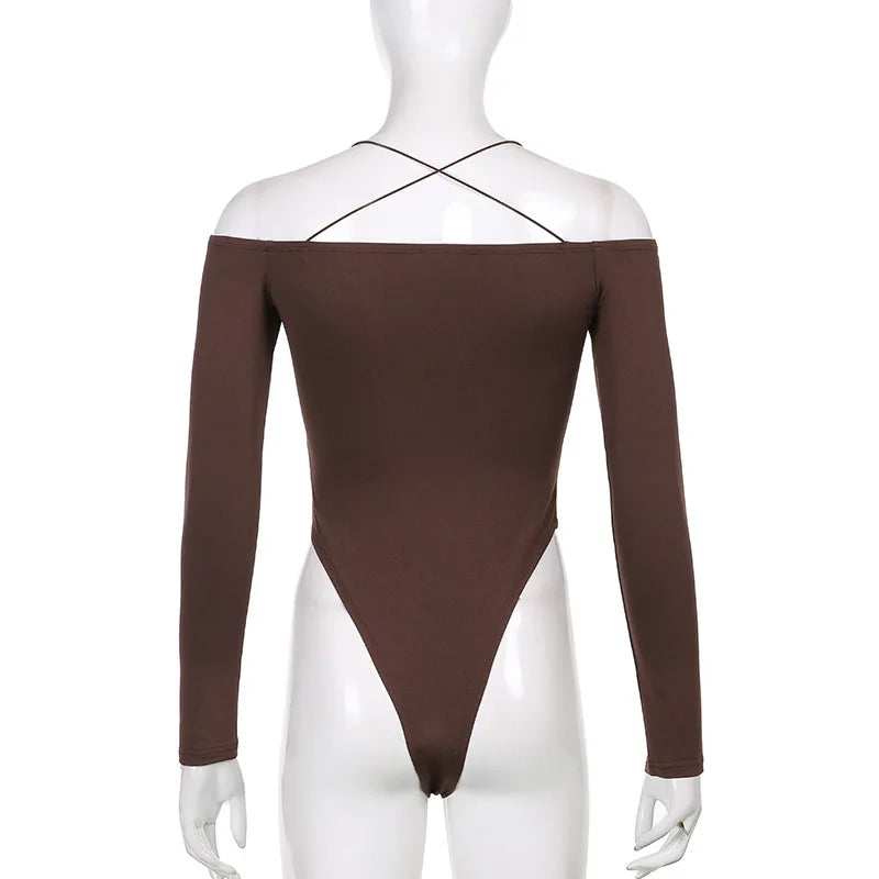 Sexy Bodysuit Y2K Long Sleeve Off Shoulder Strap Suspenders Backless Jumpsuits Party Clubwear Bodycon Casual Body Tops Women.