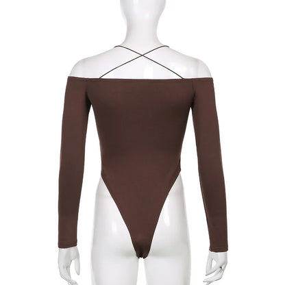 Sexy Bodysuit Y2K Long Sleeve Off Shoulder Strap Suspenders Backless Jumpsuits Party Clubwear Bodycon Casual Body Tops Women.