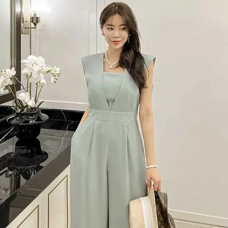Slimming High Waist Wide Leg Pants Korean Style Fashionable Women's One-Piece Jumpsuit Summer New Arrival Simple Elegant.
