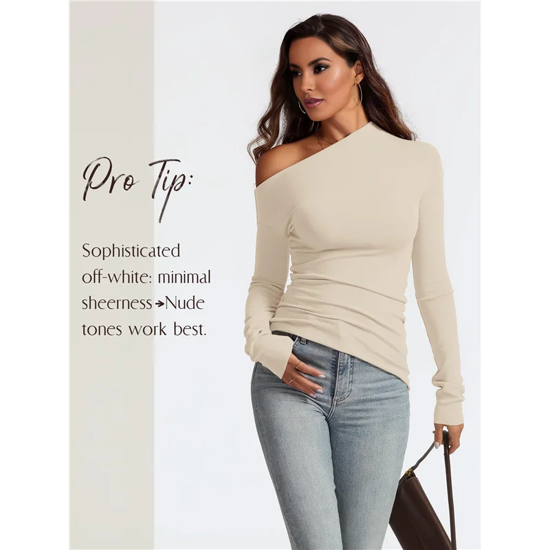 AG-Women's Off Shoulder Tops Dressy Long Sleeve Asymmetrical Slim Fit Going Out Fall Blouse Ruched Shirts.