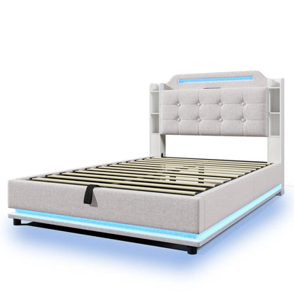 140*200cm Polsterbett mit LED-Lichtleiste und mehreren Ablagefächern, für Schlafzimmerwäsche, Beige (ohne Matratze)
