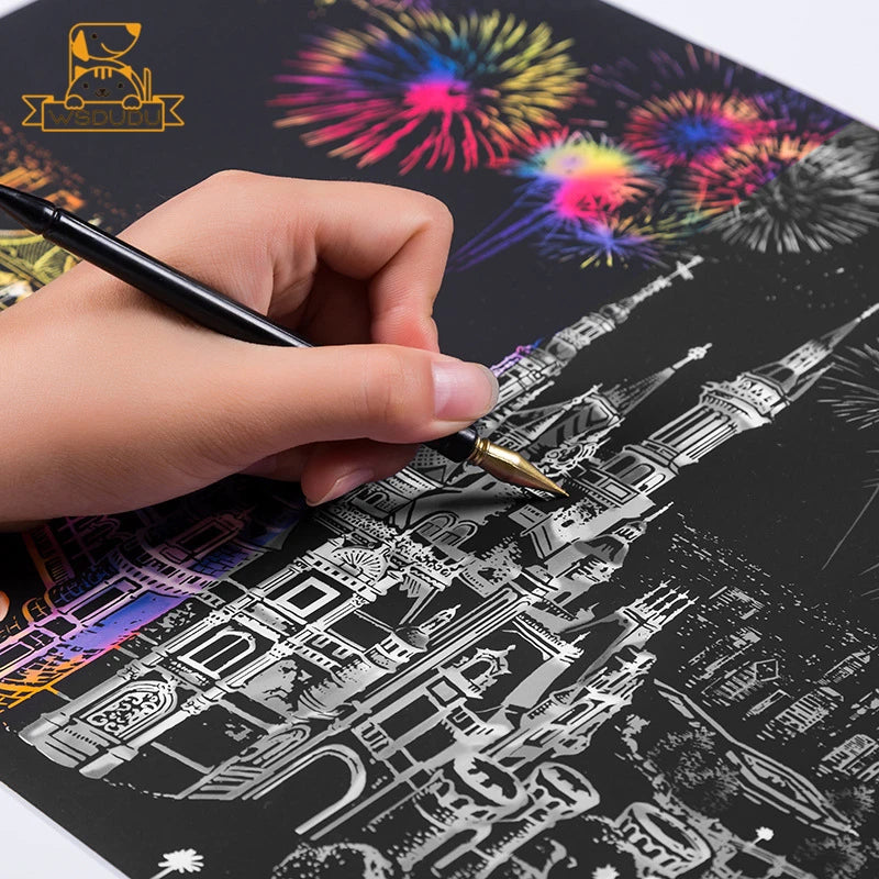 4PCS Scratch Art Paper World Landmarks Animals Painting Toy with Stylus Stress Relief Drawing Kids Adult Gift Glow in Dark Craft.