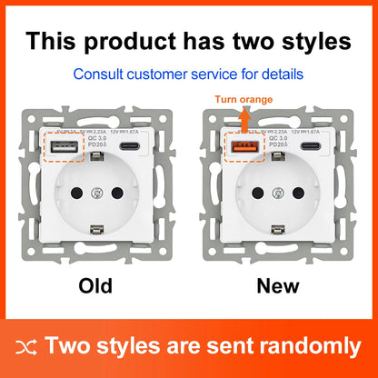 SRAN USB-Wandsteckdose, 20 W, schnelles Laden und 5 V, 2 A, EU-Standard, 82 x 82 mm, flammhemmendes PC-Panel, USB-Typ-C-Kombination.