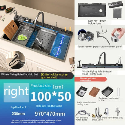 Golden Stainless Steel Kitchen Sink Waterfall Outlet Large Single Sink Digital Display Dishwashing and Vegetable Sinks