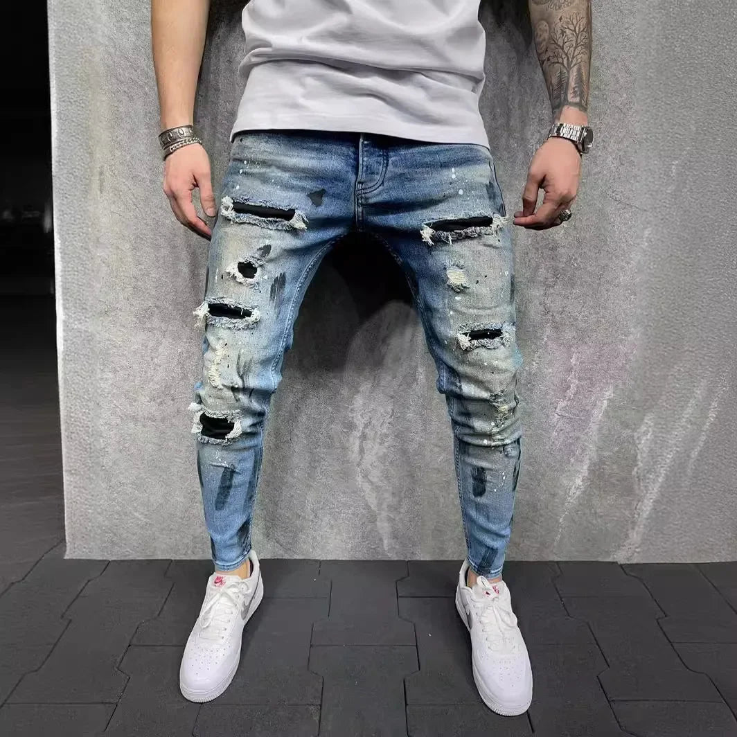 Slim-Fit-Jeans mit zerrissener Knöchelhose für Herren, bemalte Jeans.