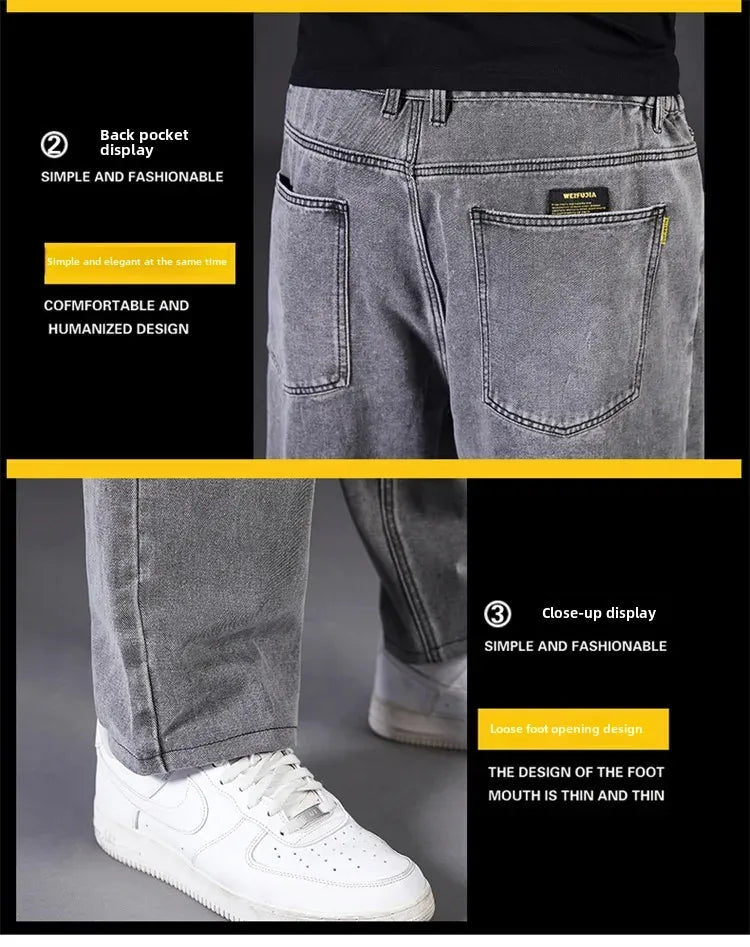 Plus Size Jeans Men's Autumn Loose-Fit Straight-Leg Casual Denim Pants Elastic Waist Wide-Leg Design For Plus Size Men.