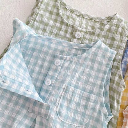 2024 Sommer Baby kleidung Plaid Kleinkind Jungen Mädchen Bodysuit ärmel los einteiliges Kleinkind Outfit.