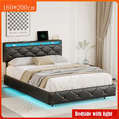 Anajqaqia 160 x 200 cm PU-Schwebebett mit verstellbarer Kopfteilhöhe + LED-Streifenbeleuchtung, Schwarz