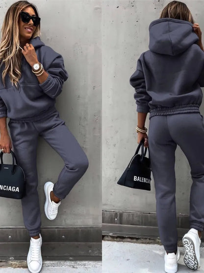 Autumn Winter New Solid Color Long Sleeve Hoodie Women's Casual Suit Fashion Loose Sports Hoodie + Small Foot Pants 2 Piece Set.