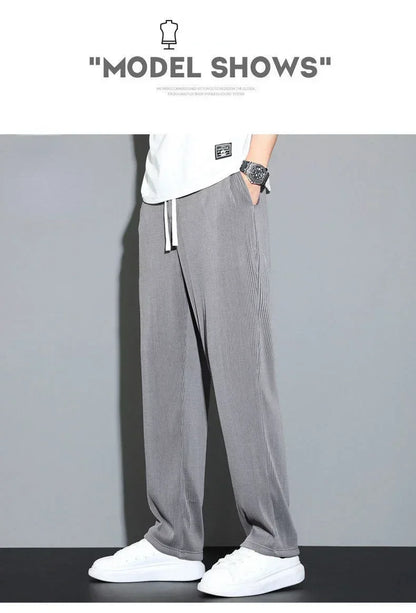 Summer Loose Ice Silk Pants Men's Drape 100KG Size Long Pants Fat Casual Sports Pants Wide Leg Straight Pants Tide Brand.